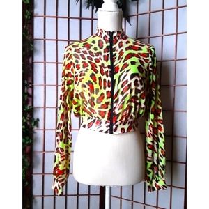 Fashion Nova Zip-Up Leopard Print Crop Top - Color: Neon Combo